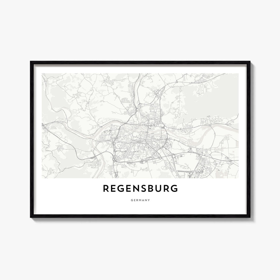 Regensburg black & white map poster of Germany – horizontal wall art, unframed print shown in interior mockup
