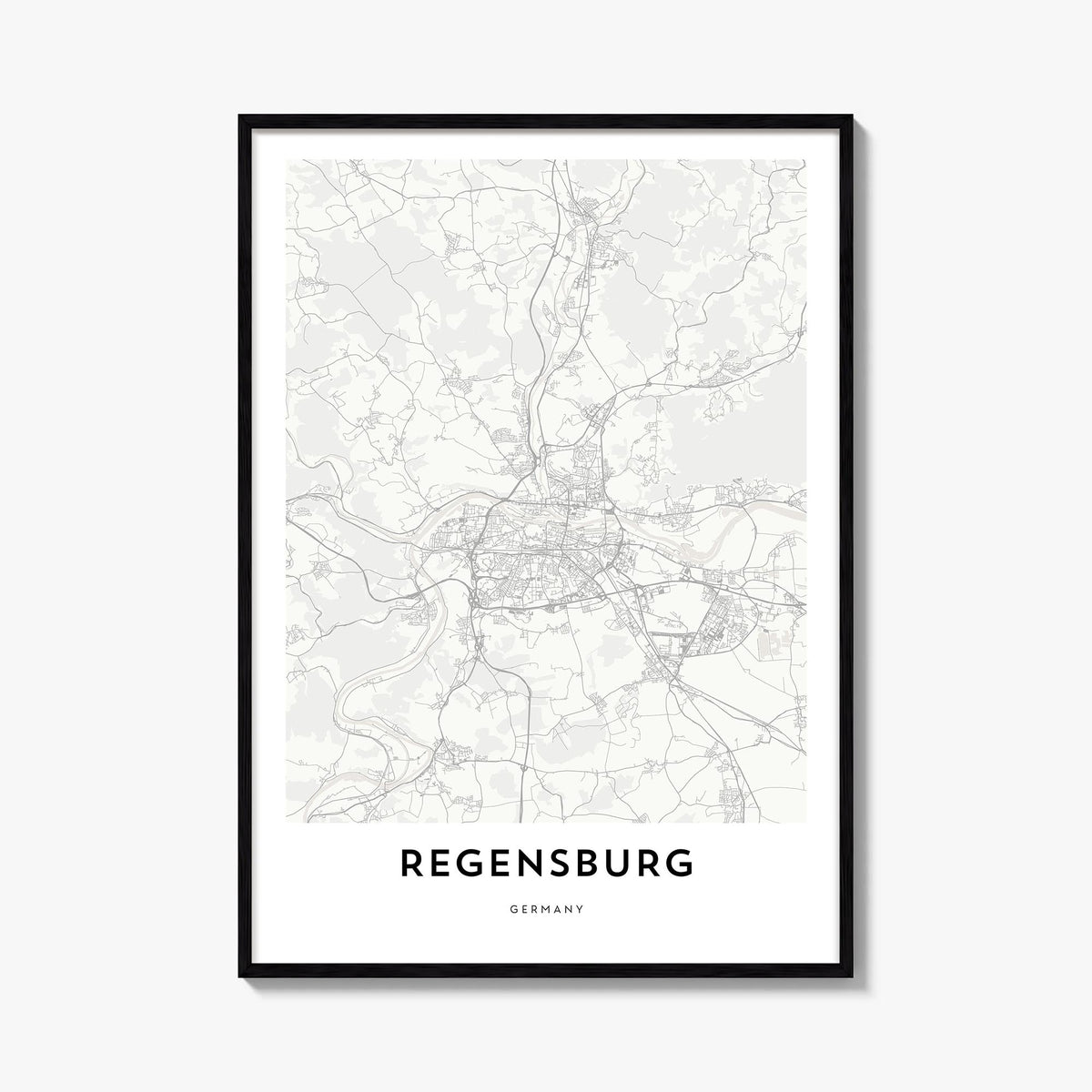 Regensburg black & white map poster of Germany – vertical wall art, unframed print shown in interior mockup