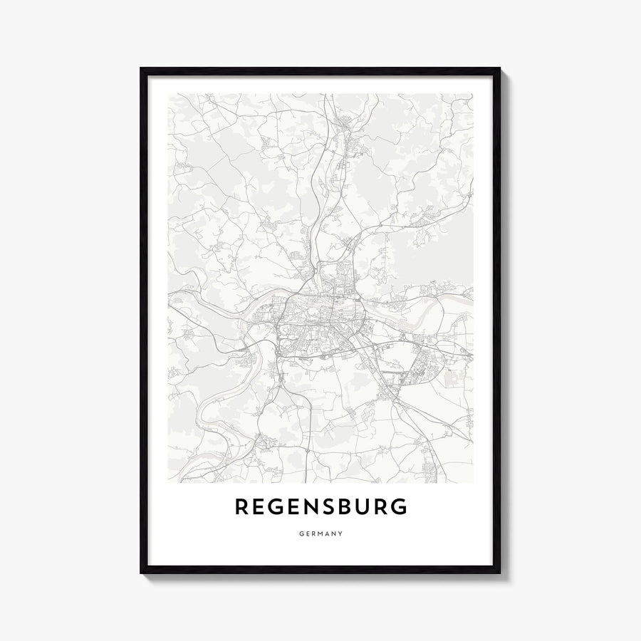 Regensburg black & white map poster of Germany – vertical wall art, unframed print shown in interior mockup