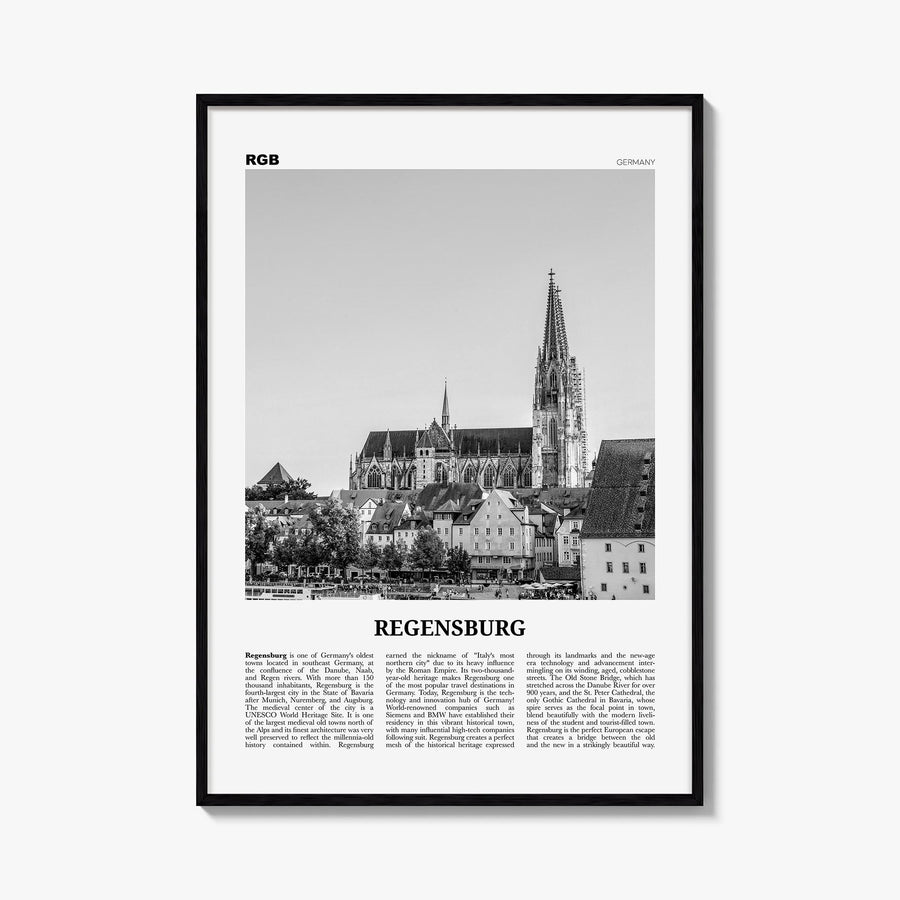 Regensburg black & white newspaper poster of Germany – vertical wall art, unframed print shown in interior mockup