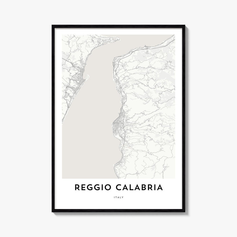Reggio Calabria black & white map poster of Italy – vertical wall art, unframed print shown in interior mockup