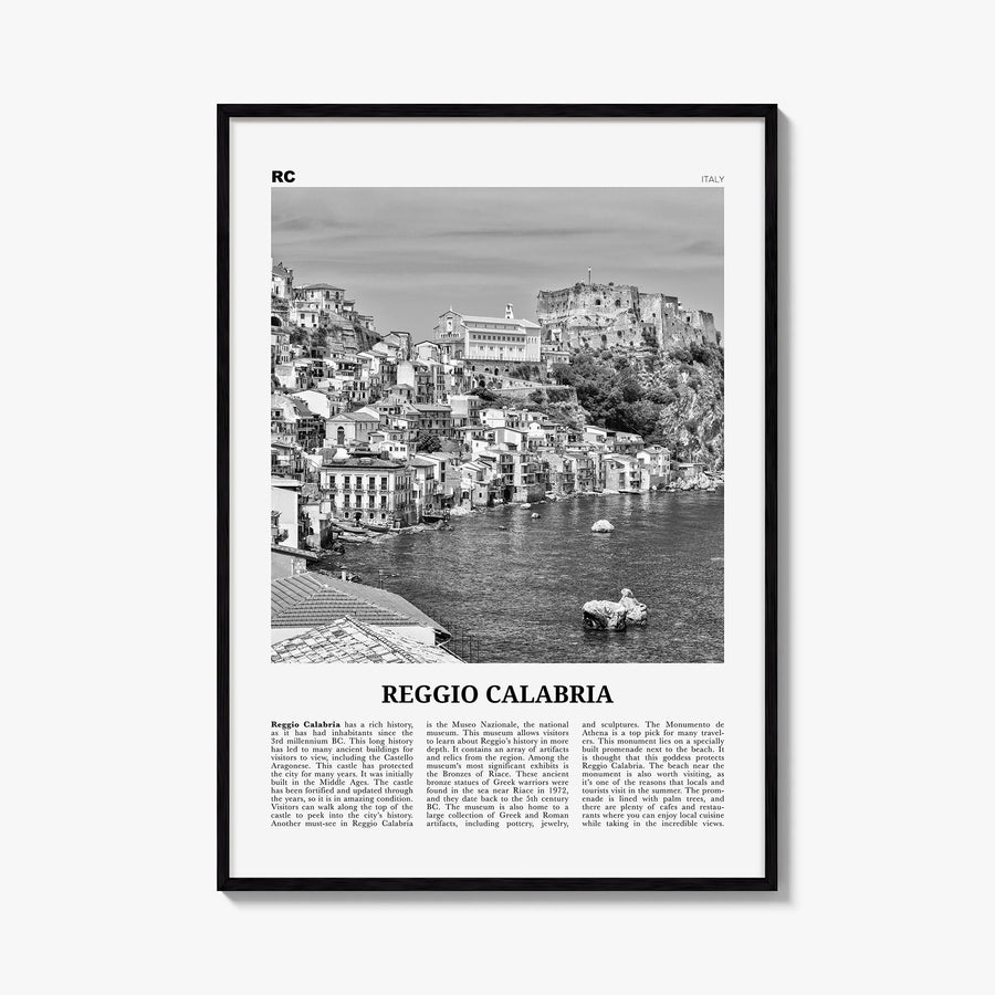 Reggio Calabria black & white newspaper poster of Italy – vertical wall art, unframed print shown in interior mockup
