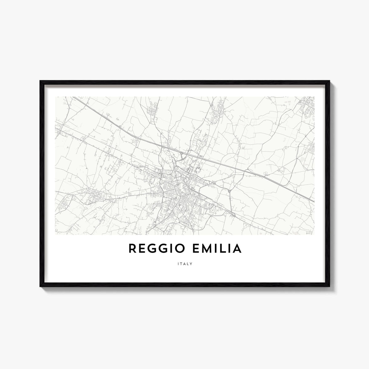 Reggio Emilia black & white map poster of Italy – horizontal wall art, unframed print shown in interior mockup