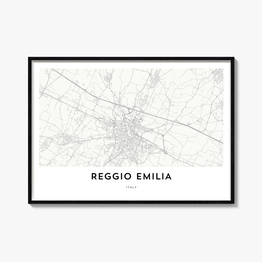 Reggio Emilia black & white map poster of Italy – horizontal wall art, unframed print shown in interior mockup