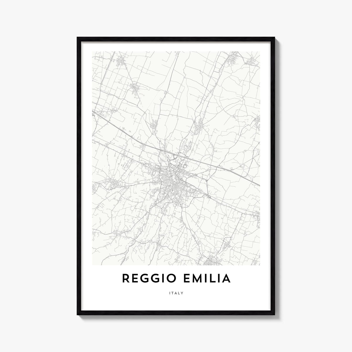 Reggio Emilia black & white map poster of Italy – vertical wall art, unframed print shown in interior mockup