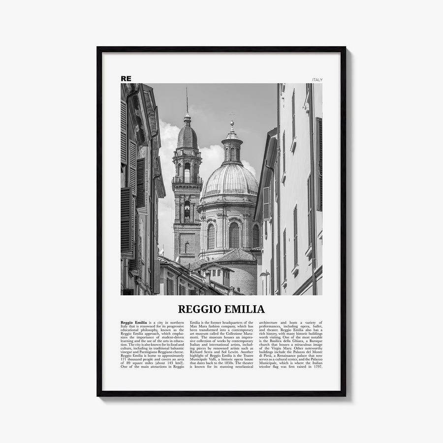 Reggio Emilia black & white newspaper poster of Italy – vertical wall art, unframed print shown in interior mockup