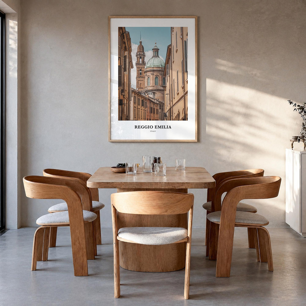 Reggio Emilia colorful classic poster of Italy – vertical wall art in natural wood frame, hanging on wall