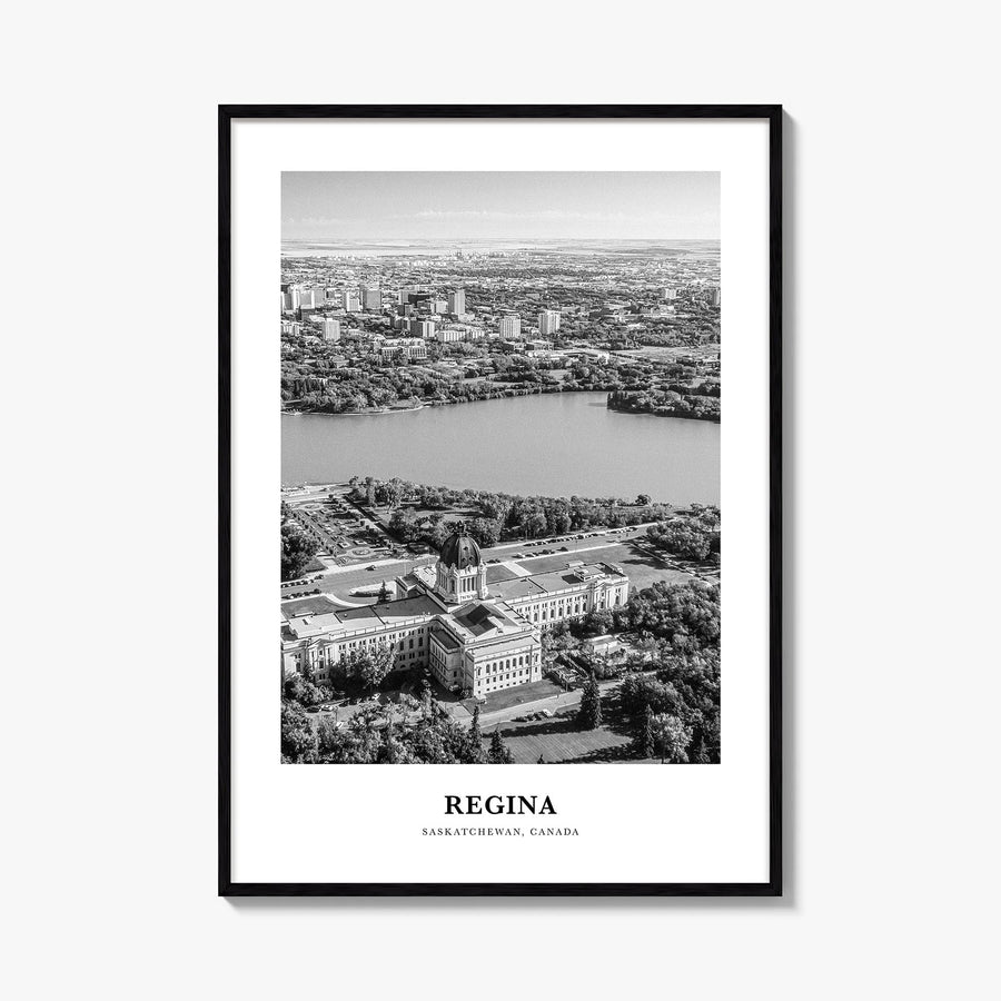 Regina black & white classic poster of Saskatchewan, Canada – vertical wall art, unframed print shown in interior mockup