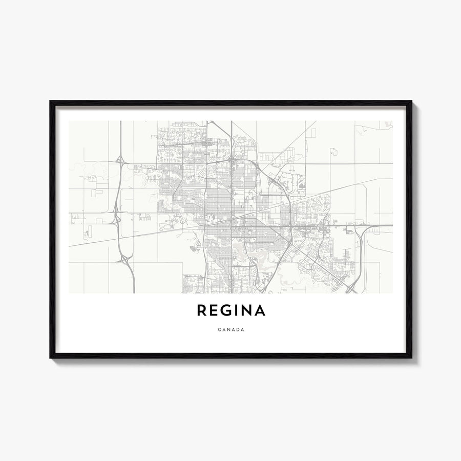 Regina black & white map poster of Saskatchewan, Canada – horizontal wall art, unframed print shown in interior mockup