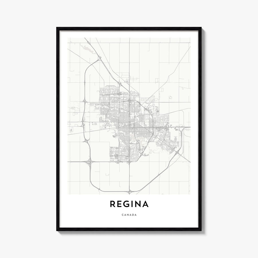 Regina black & white map poster of Saskatchewan, Canada – vertical wall art, unframed print shown in interior mockup
