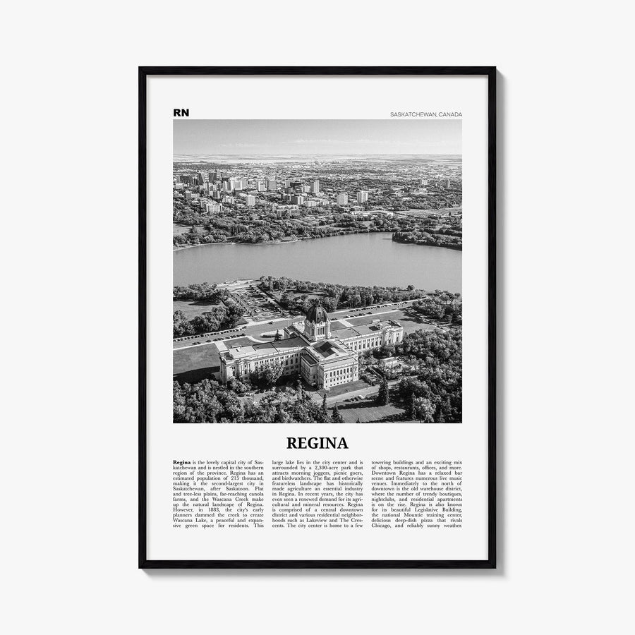 Regina black & white newspaper poster of Saskatchewan, Canada – vertical wall art, unframed print shown in interior mockup