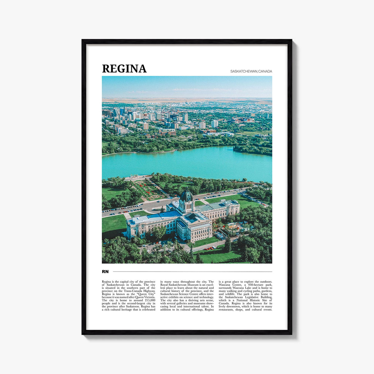 Regina colorful travel poster of Saskatchewan, Canada – vertical wall art, unframed print shown in interior mockup
