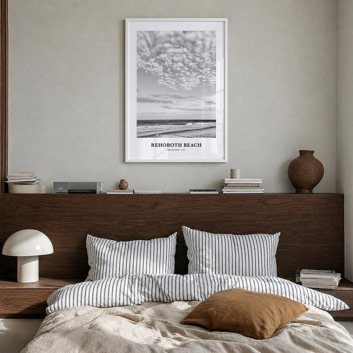Rehoboth Beach black & white classic poster of Delaware, USA – vertical wall art in white wood frame, hanging on wall