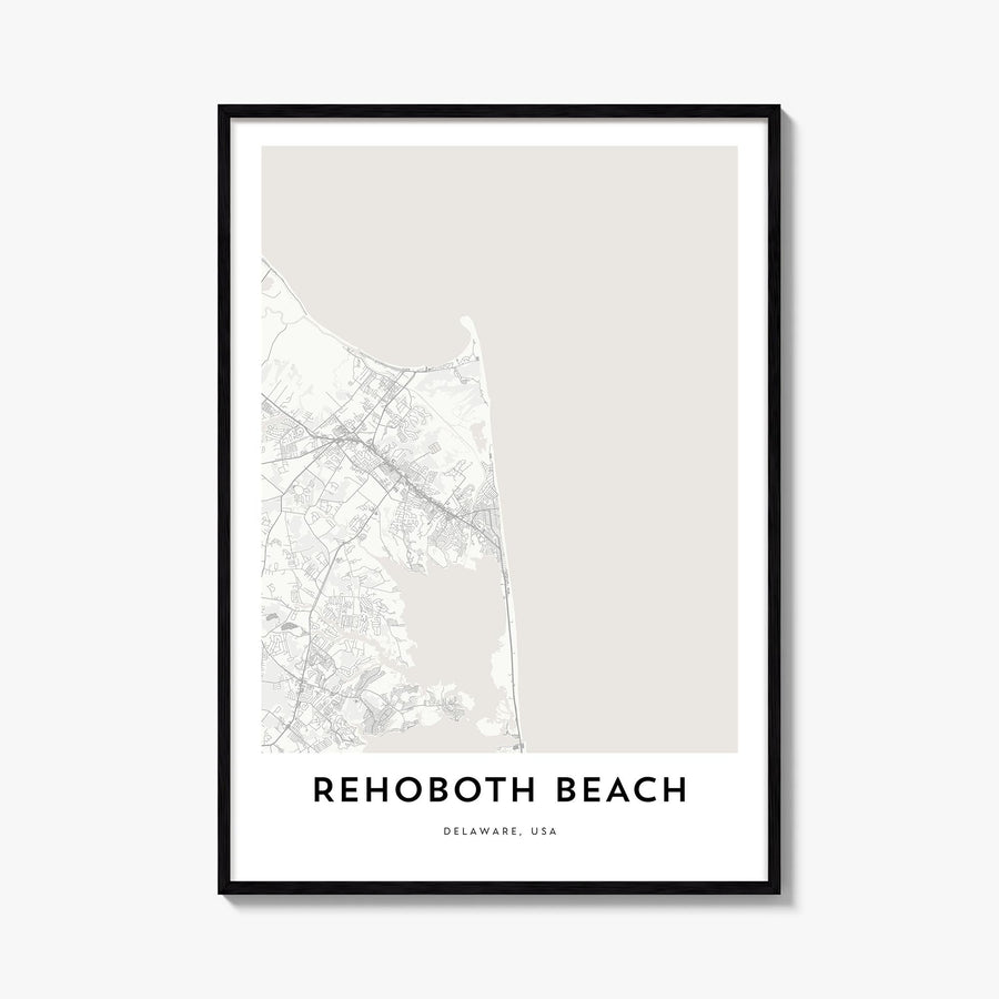 Rehoboth Beach black & white map poster of Delaware, USA – vertical wall art, unframed print shown in interior mockup