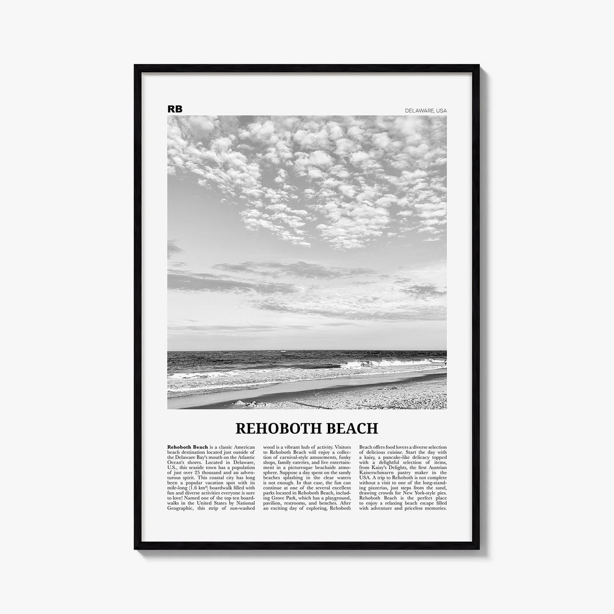 Rehoboth Beach black & white newspaper poster of Delaware, USA – vertical wall art, unframed print shown in interior mockup
