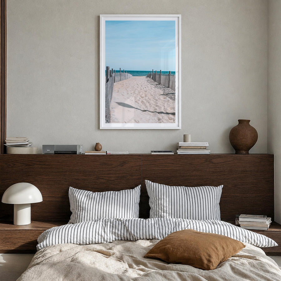 Rehoboth Beach colorful photo poster of Delaware, USA – vertical wall art in white wood frame with white border, hanging on w