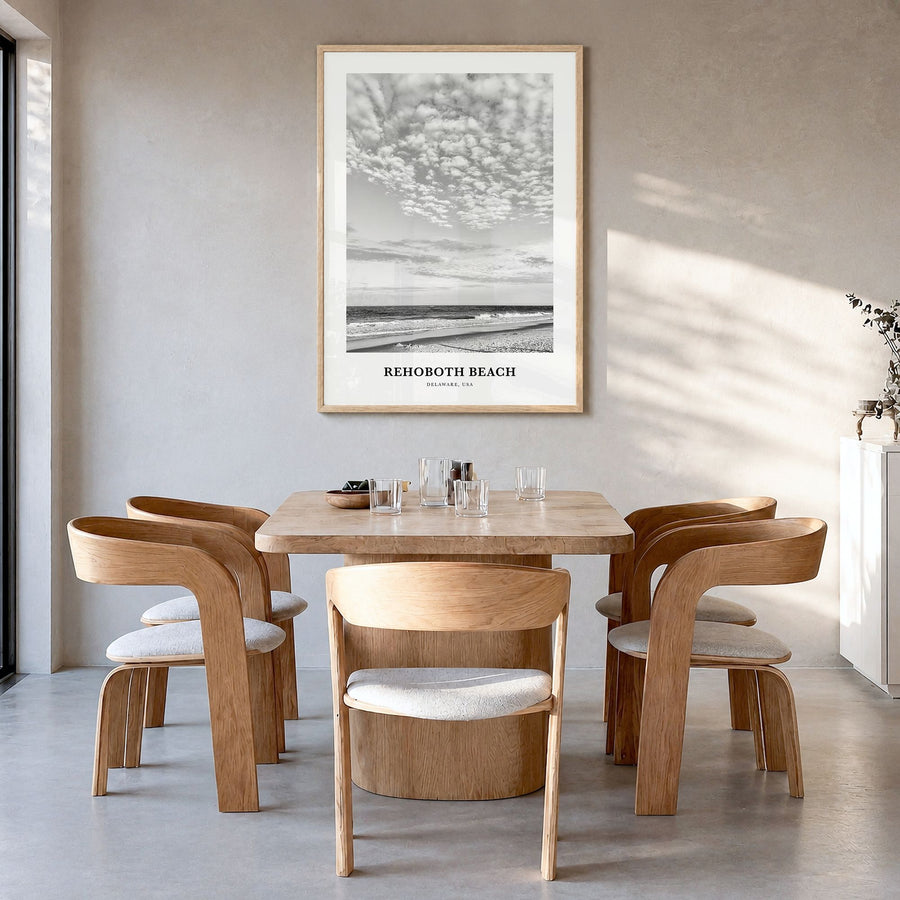 Rehoboth Beach Classic Poster in a natural wood frame, hanging in a dining room
