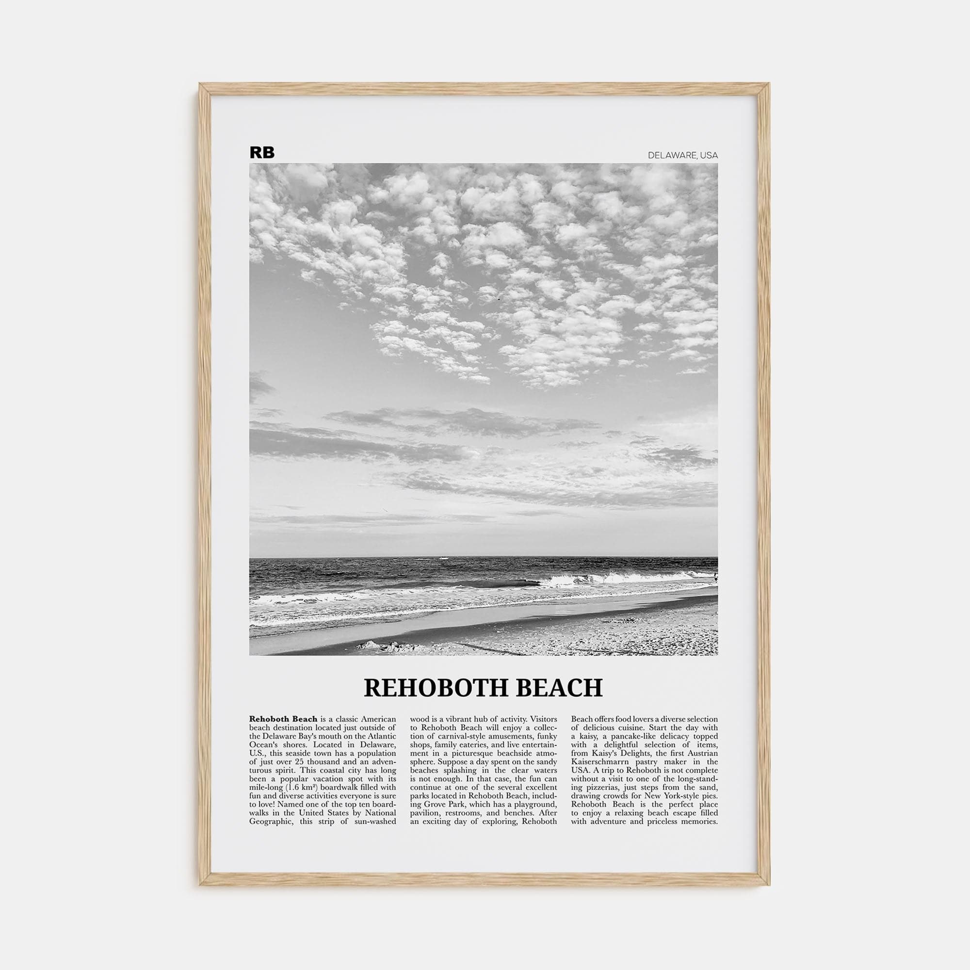 Rehoboth Beach Poster Natural Wood / 8x12 in Nbourhood Travel B&W Poster