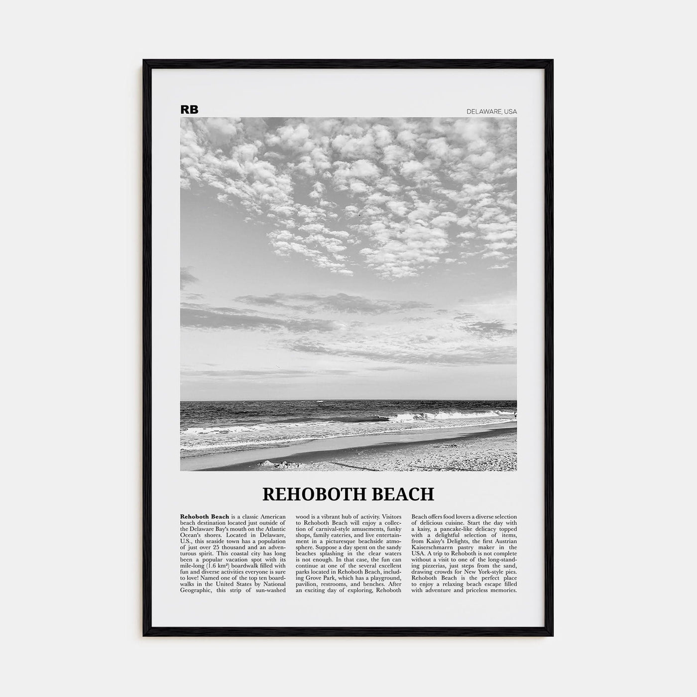 Rehoboth Beach Poster Black Wood / 8x12 in Nbourhood Travel B&W Poster