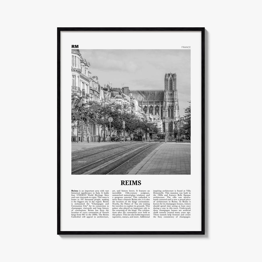Reims black & white newspaper poster of France – vertical wall art, unframed print shown in interior mockup