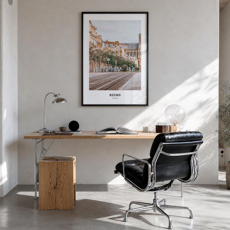 Reims colorful classic poster of France – vertical wall art in black wood frame, hanging on wall