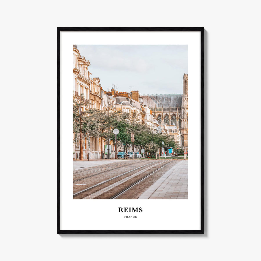 Reims colorful classic poster of France – vertical wall art, unframed print shown in interior mockup