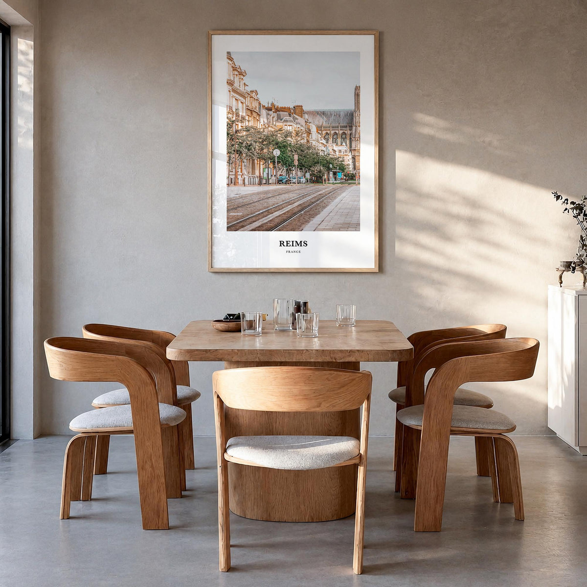 Reims colorful classic poster of France – vertical wall art in natural wood frame, hanging on wall