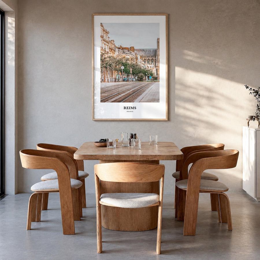 Reims colorful classic poster of France – vertical wall art in natural wood frame, hanging on wall