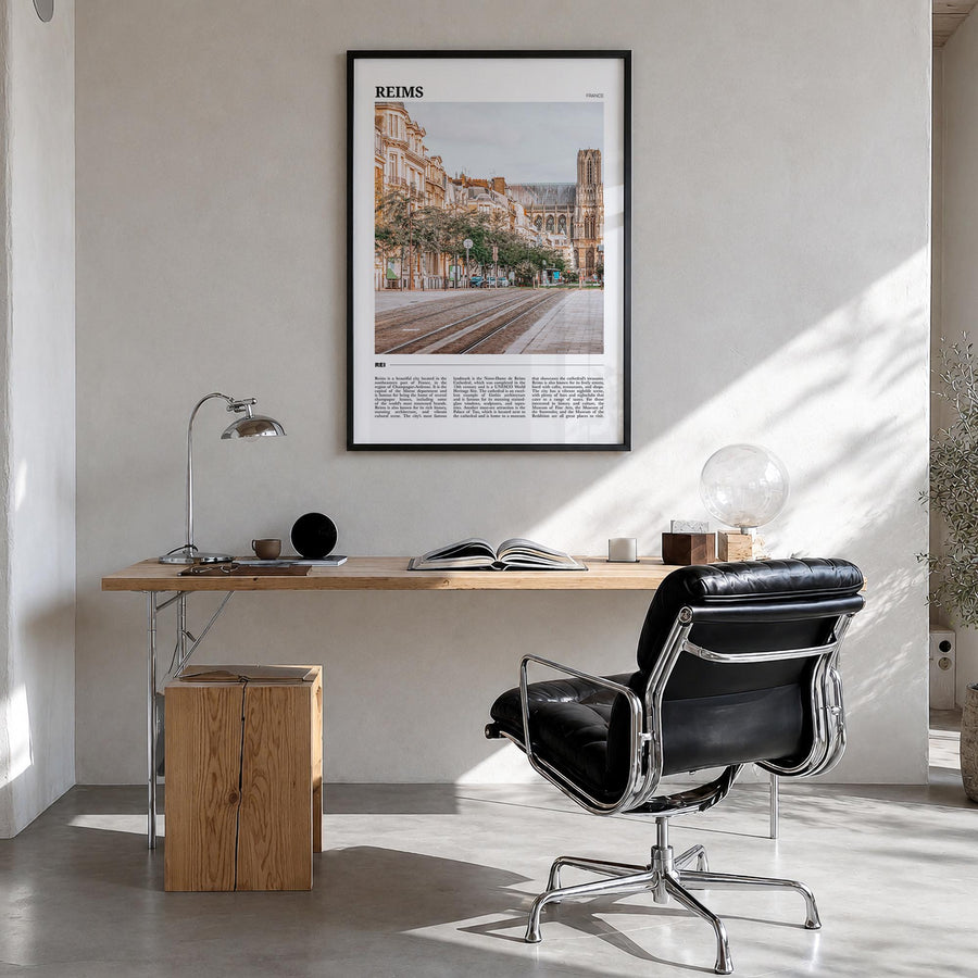 Reims colorful travel poster of France – vertical wall art in black wood frame, hanging on wall