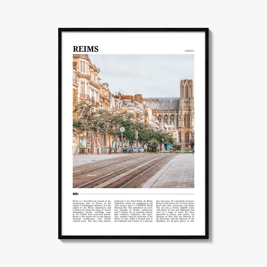 Reims colorful travel poster of France – vertical wall art, unframed print shown in interior mockup