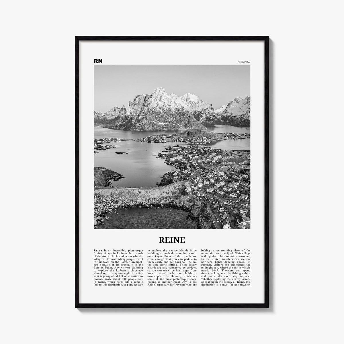 Reine black & white newspaper poster of Norway – vertical wall art, unframed print shown in interior mockup