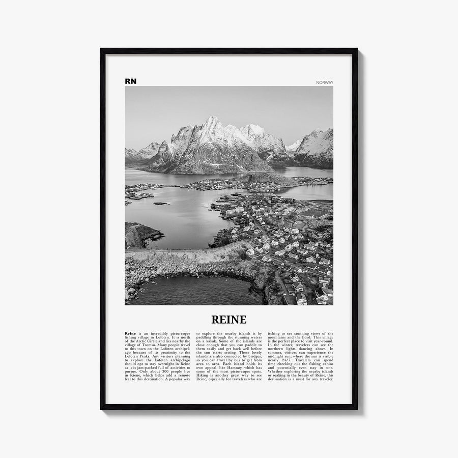 Reine black & white newspaper poster of Norway – vertical wall art, unframed print shown in interior mockup