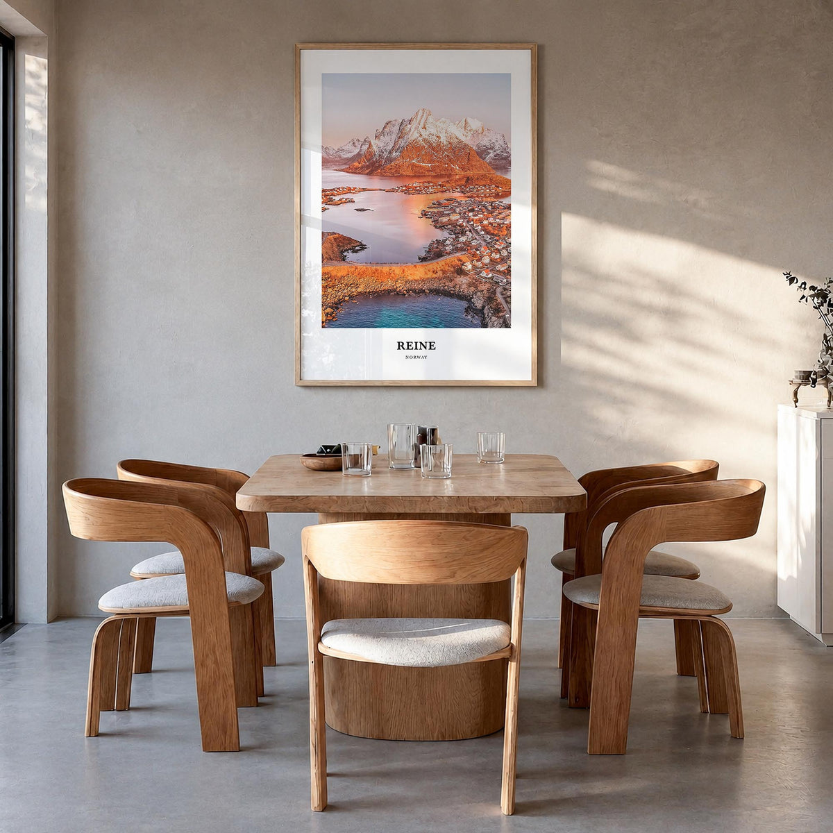 Reine colorful classic poster of Norway – vertical wall art in natural wood frame, hanging on wall
