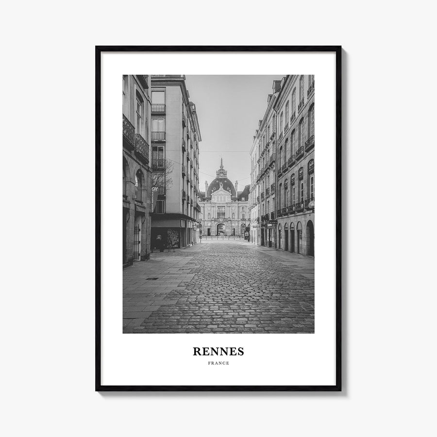Rennes black & white classic poster of France – vertical wall art, unframed print shown in interior mockup