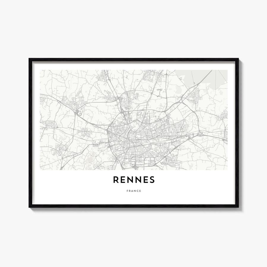 Rennes black & white map poster of France – horizontal wall art, unframed print shown in interior mockup