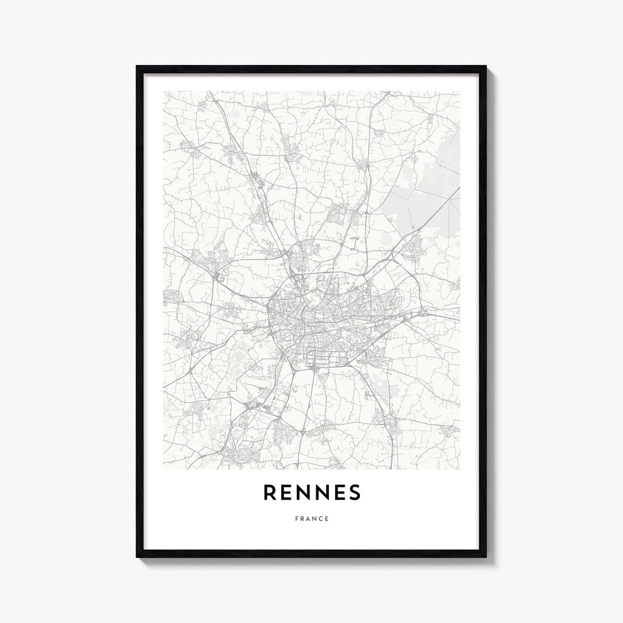 Rennes black & white map poster of France – vertical wall art, unframed print shown in interior mockup