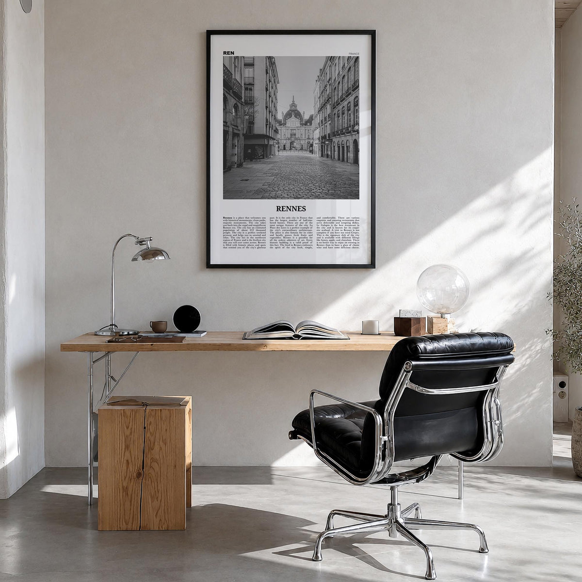 Rennes black & white newspaper poster of France – vertical wall art in black wood frame, hanging on wall