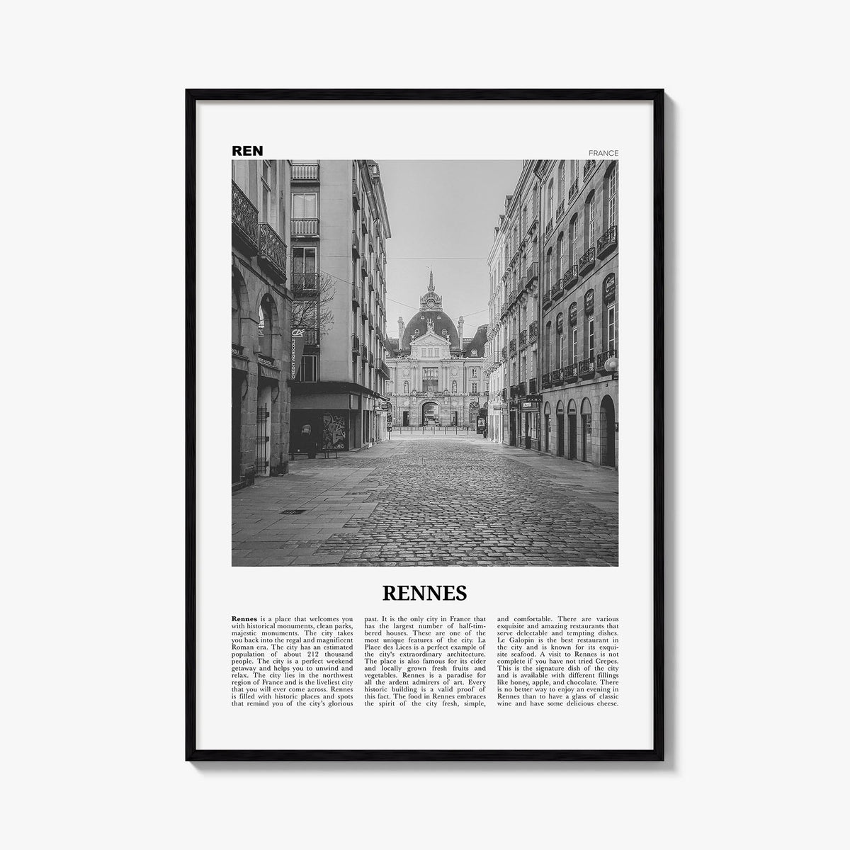 Rennes black & white newspaper poster of France – vertical wall art, unframed print shown in interior mockup