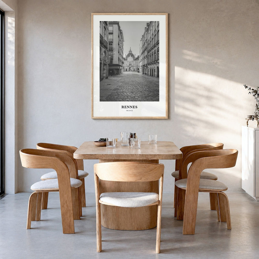 Rennes Classic Poster in a natural wood frame, hanging in a dining room