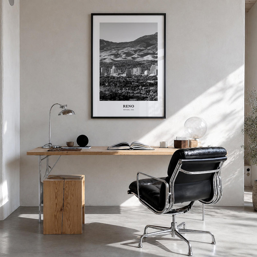 Reno black & white classic poster of Nevada, USA – vertical wall art in black wood frame, hanging on wall