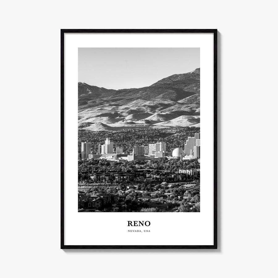 Reno black & white classic poster of Nevada, USA – vertical wall art, unframed print shown in interior mockup