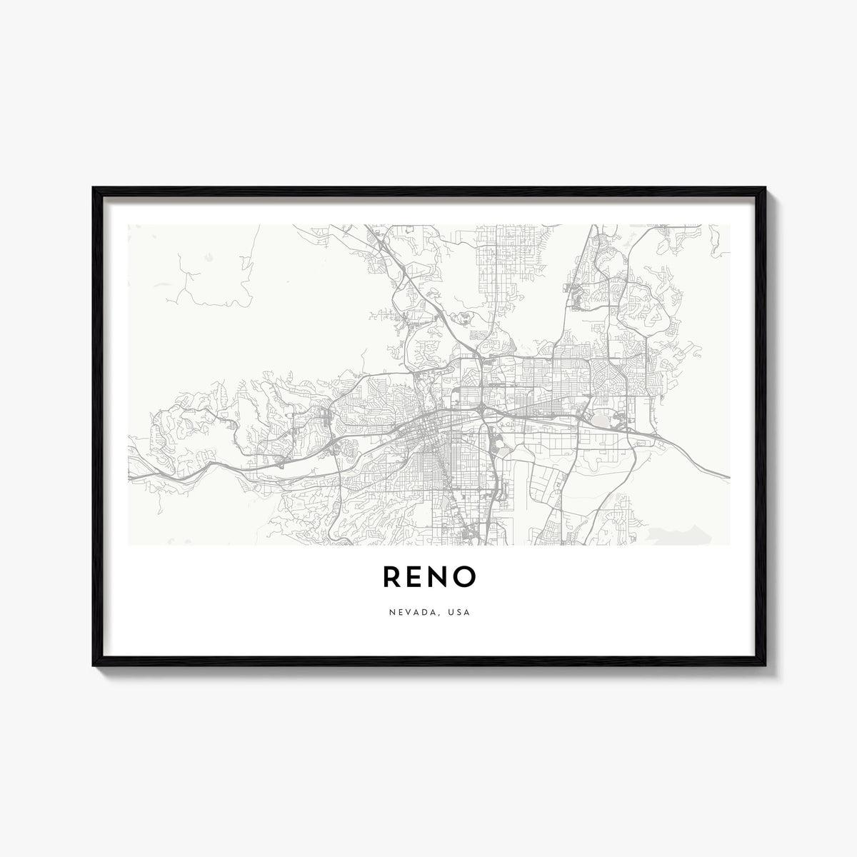 Reno black & white map poster of Nevada, USA – horizontal wall art, unframed print shown in interior mockup