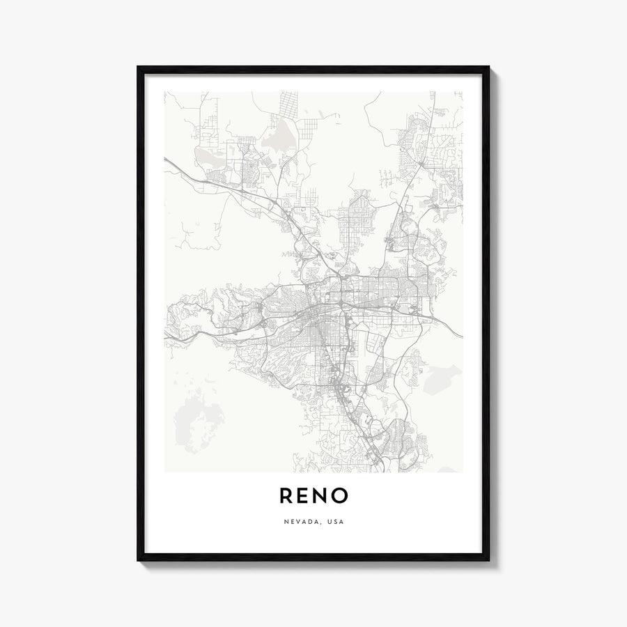 Reno black & white map poster of Nevada, USA – vertical wall art, unframed print shown in interior mockup