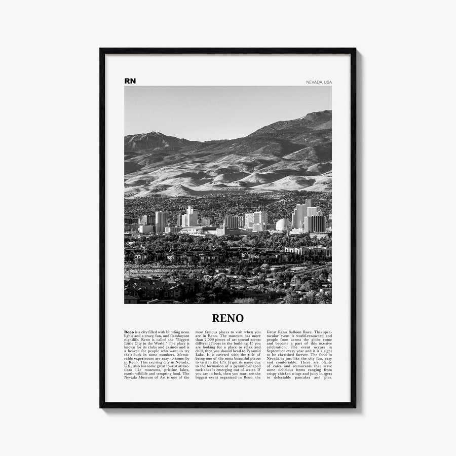 Reno black & white newspaper poster of Nevada, USA – vertical wall art, unframed print shown in interior mockup
