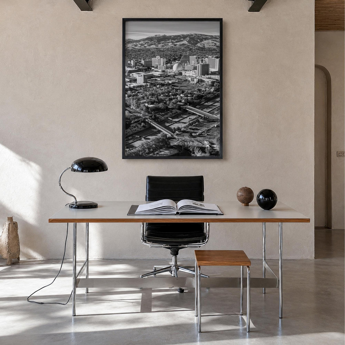 Reno black & white photo poster of Nevada, USA – vertical wall art in black wood frame, hanging on wall
