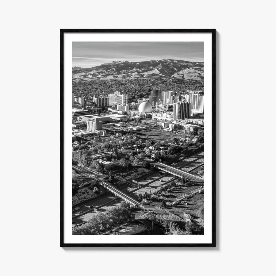 Reno black & white photo poster of Nevada, USA – vertical wall art, unframed print shown in interior mockup