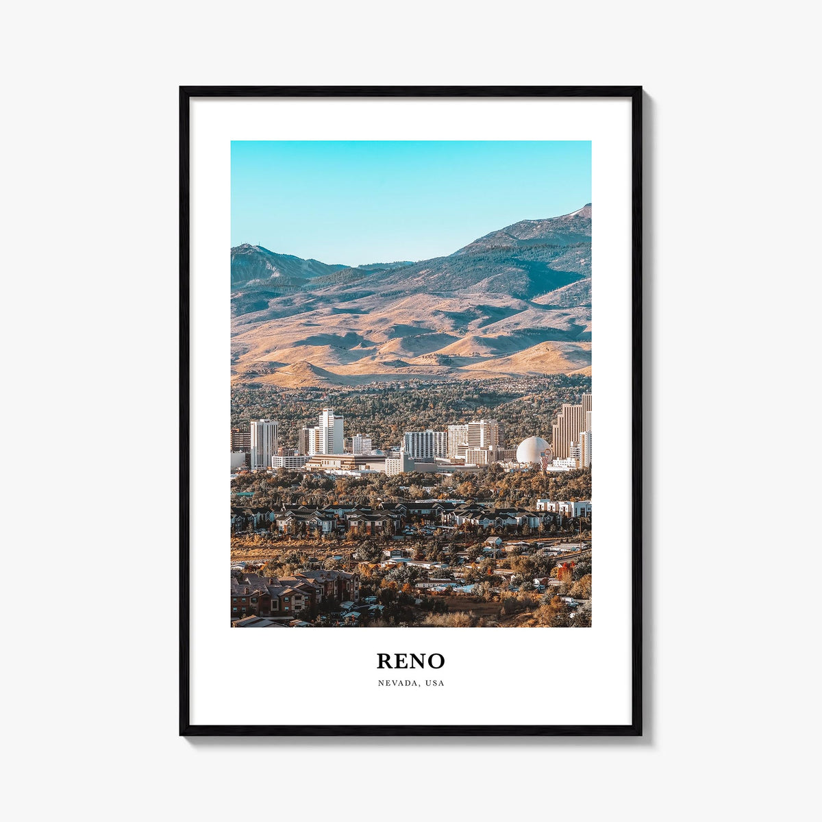 Reno colorful classic poster of Nevada, USA – vertical wall art, unframed print shown in interior mockup