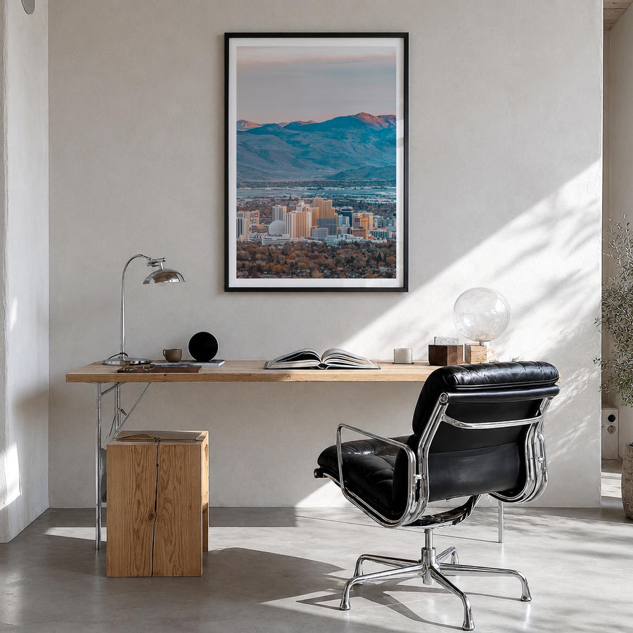 Reno colorful photo poster of Nevada, USA – vertical wall art in black wood frame with white border, hanging on wall