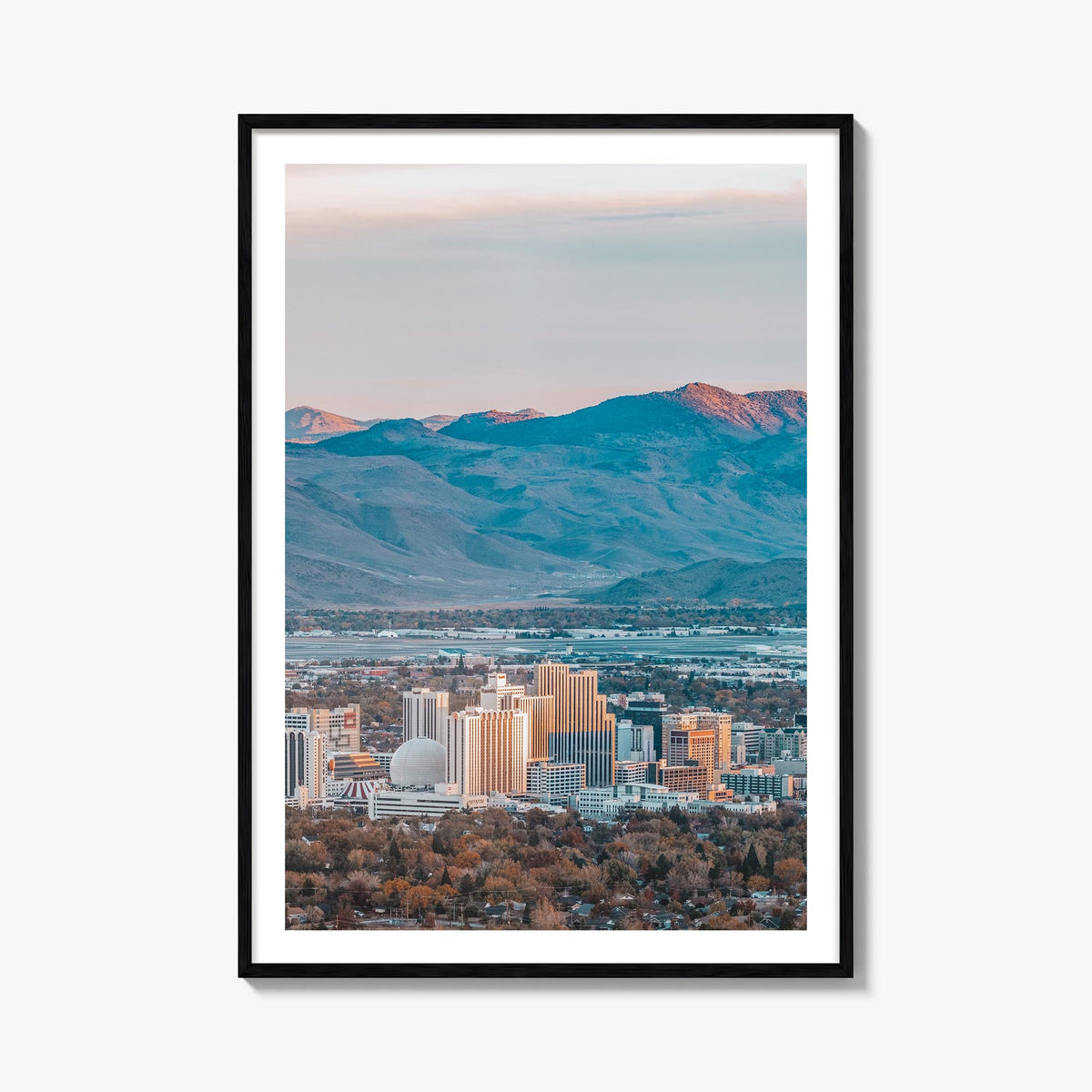Reno colorful photo poster of Nevada, USA – vertical wall art, unframed print shown in interior mockup