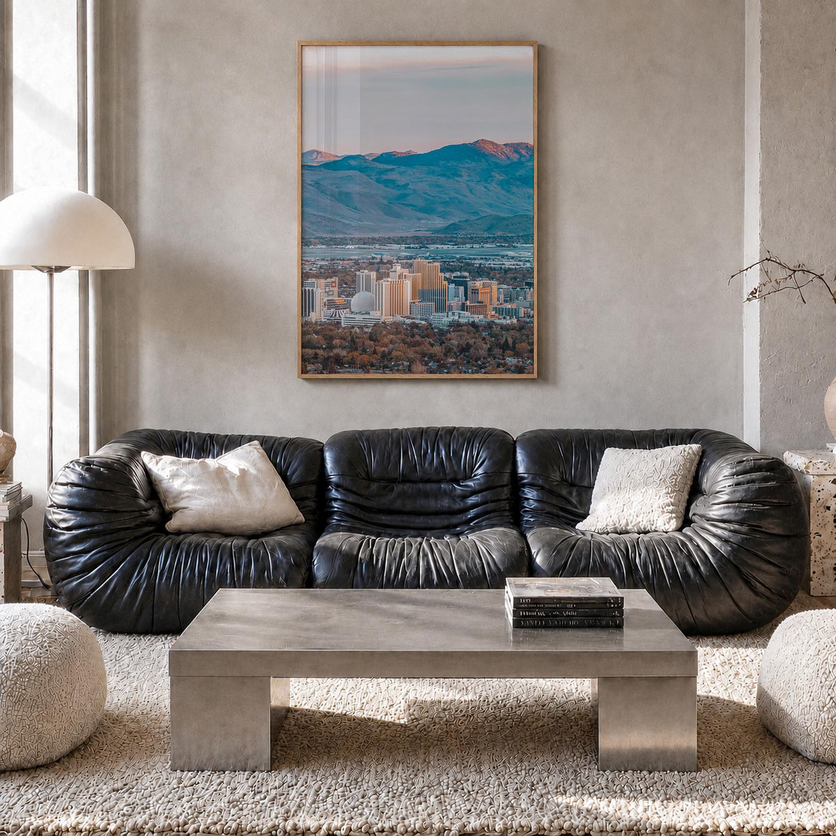 Reno colorful photo poster of Nevada, USA – vertical wall art in natural wood frame, hanging on wall